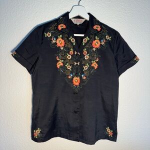 Women’s Vintage Floral Embroidered Black Button- Front Top by Daffodil